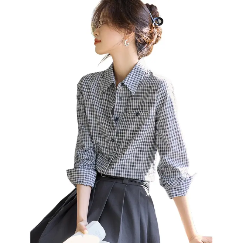 Mo Han Yi Mei Shirt Women's Navy Blue Checkered-1