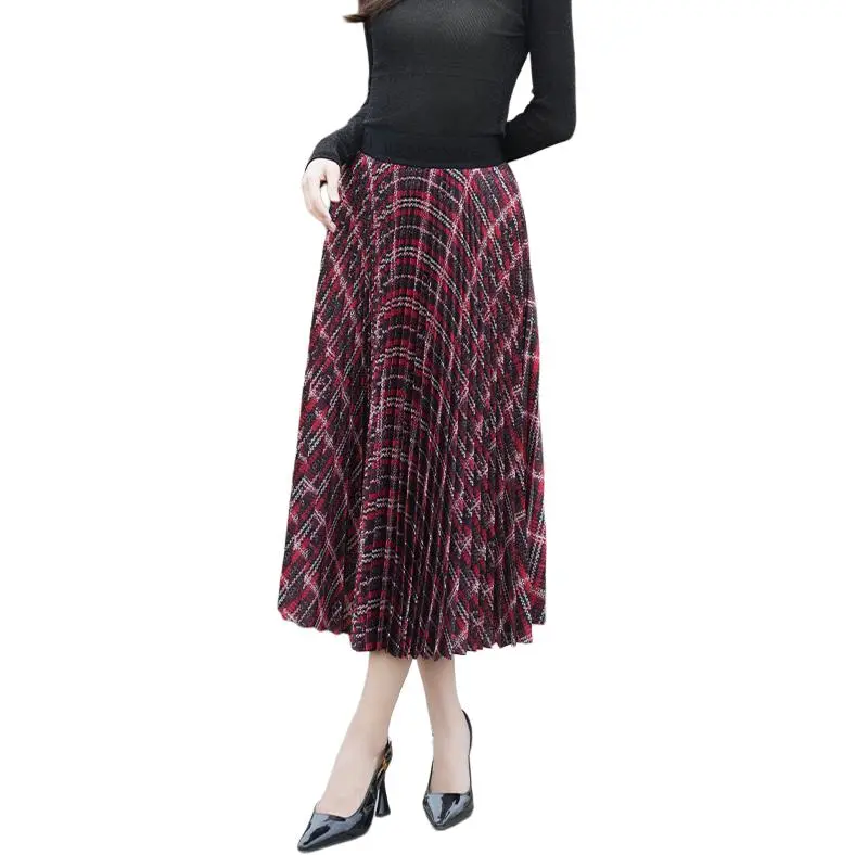BESIONIA SS25 Casual Long Skirts Women's Red Plaid Pattern-1