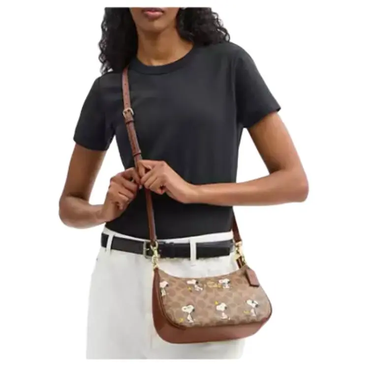 COACH Canvas Shoulder Bag Medium Size Women's Brown-4