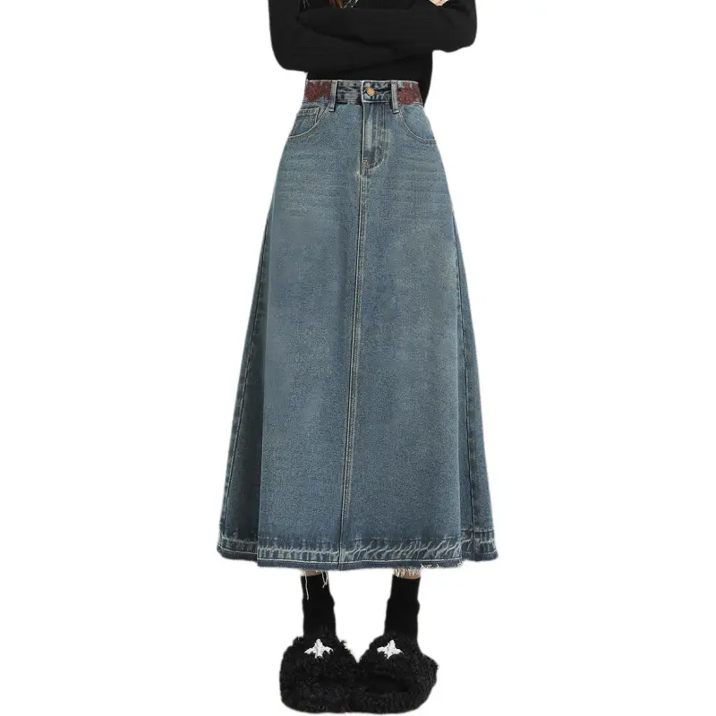 Weixi Denim Long Skirts Women's Vintage Blue-5