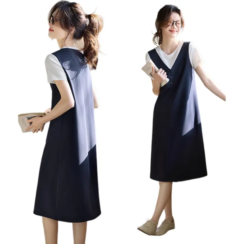 Mo Han Yi Mei Dress Women's Navy Blue & White-2