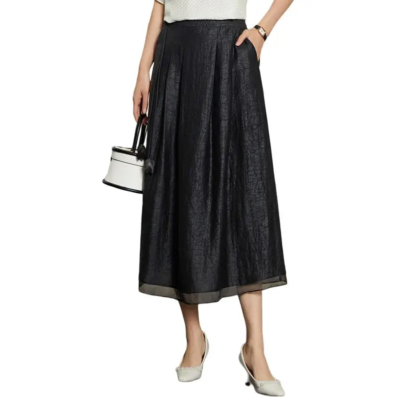 Yi Mengyuan Silk Casual Long Skirt Women's Black-3