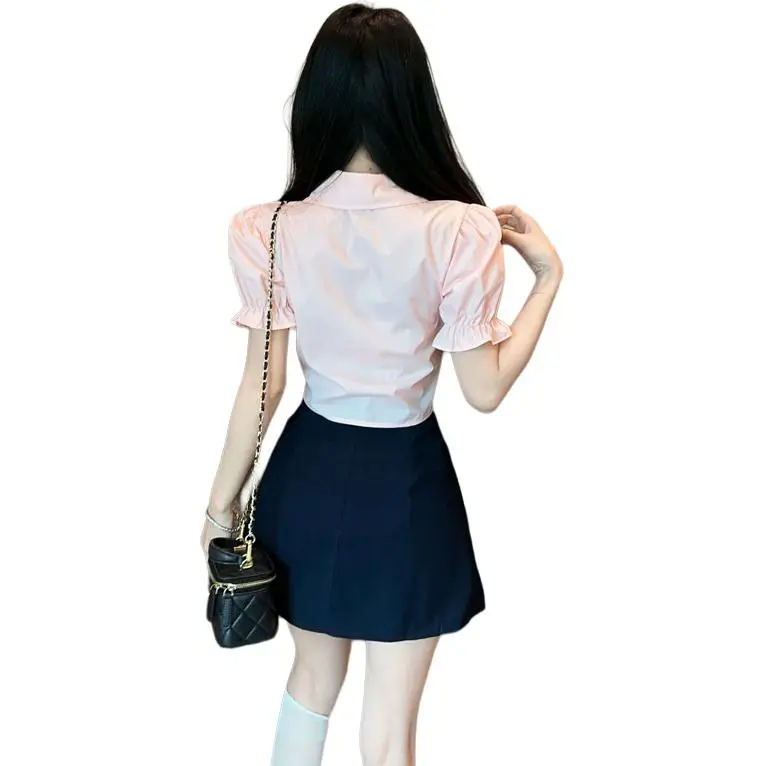 DGMZ Uniforms Women's Pink Top+Blue Skirt With Bow Tie Set-1