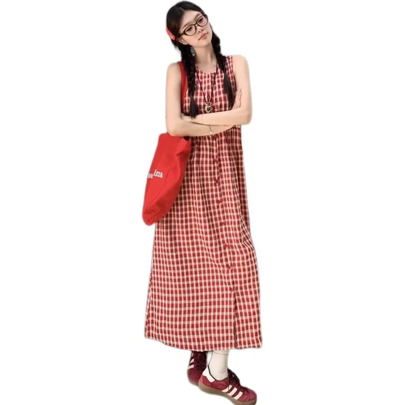 GOSO Sleeveless Dresses Women's Red Plaid-3