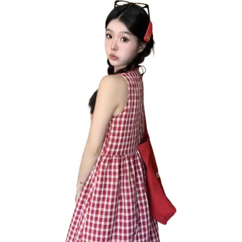 GOSO Sleeveless Dresses Women's Red Plaid-1