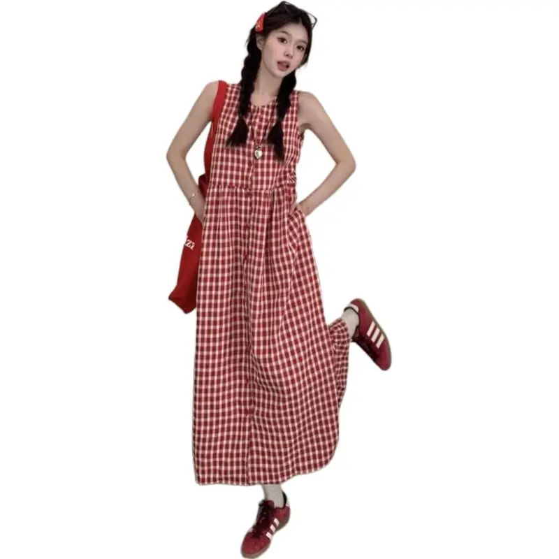 GOSO Sleeveless Dresses Women's Red Plaid-2