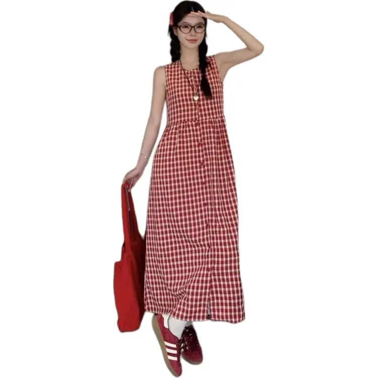 GOSO Sleeveless Dresses Women's Red Plaid-4