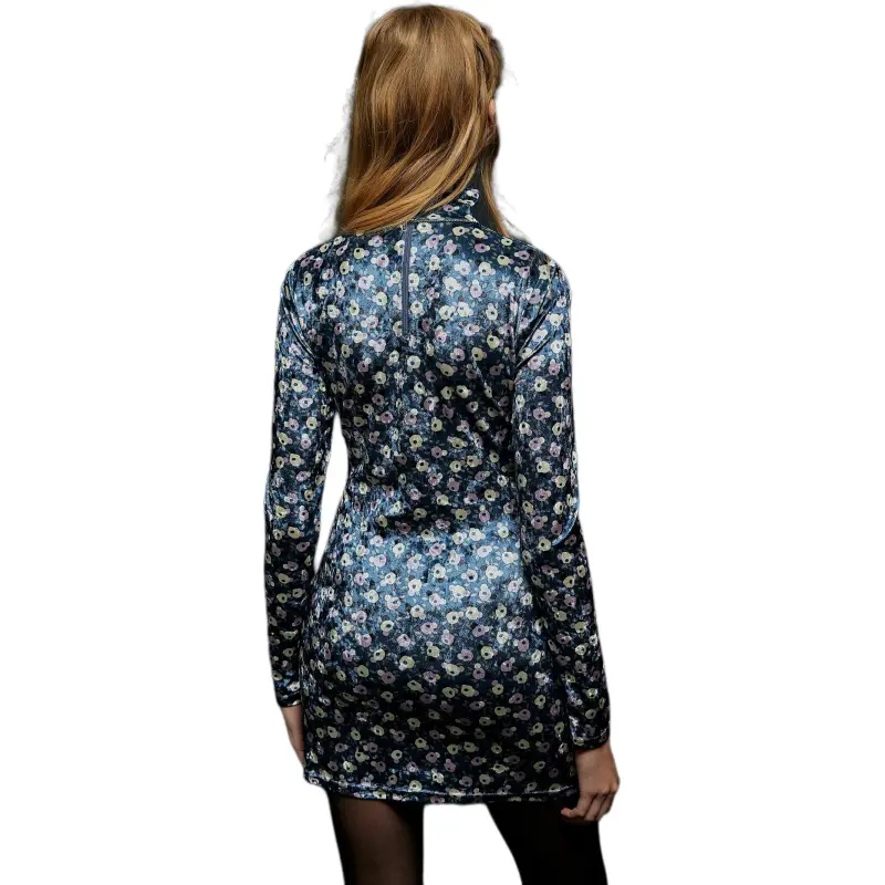 FREE PEOPLE Anna Sui Posie Stretch Turtleneck Mini Long-Sleeved Dresses Women's Cornflower Multicolor-1