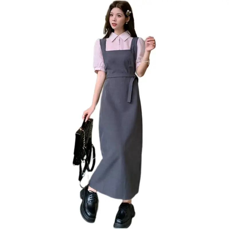 Mu Xiao Xin Short Sleeved Dress Women's Pink & Gray-3