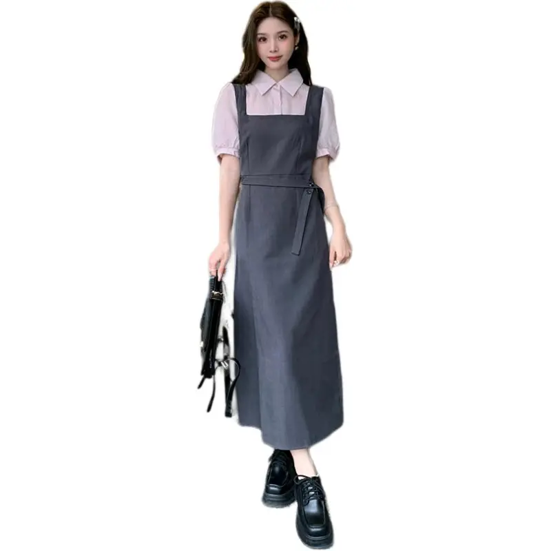 Mu Xiao Xin Short Sleeved Dress Women's Pink & Gray-1