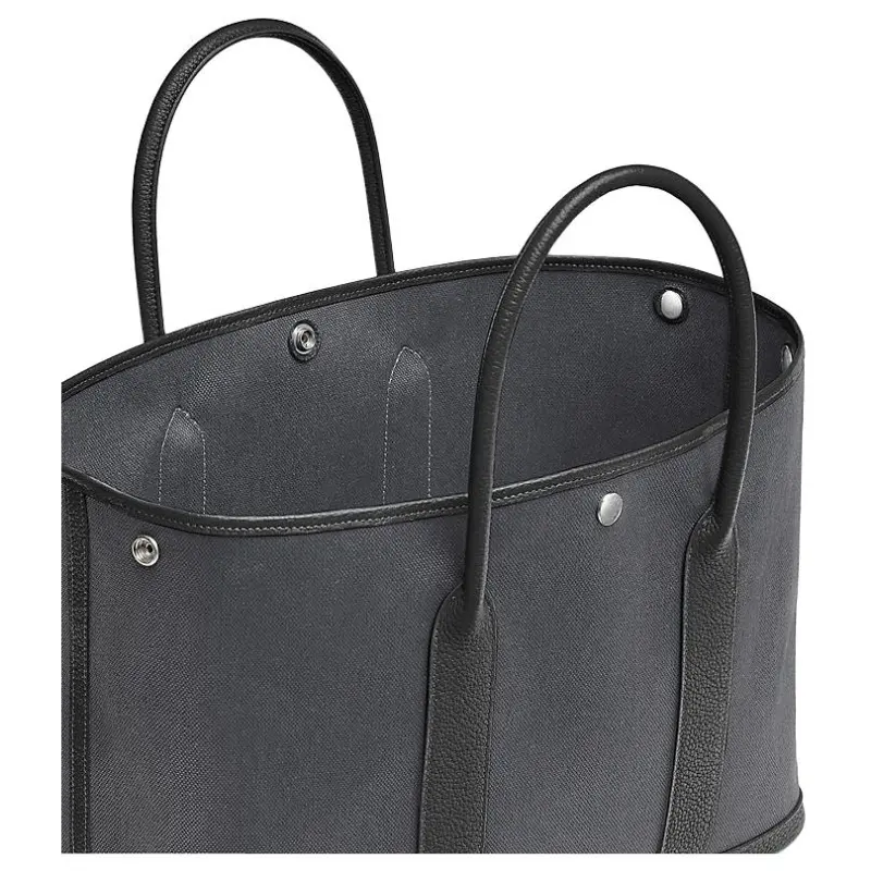 HERMES Garden Party Canvas With Negonda Calfskin Handbag Women's Alvado Color & Black-2
