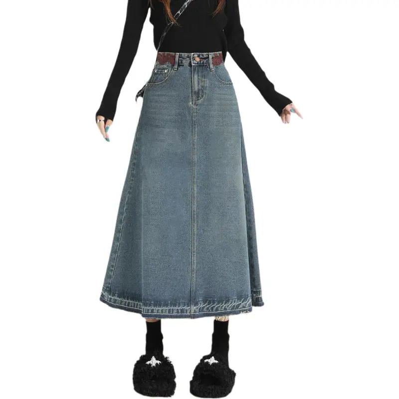 Weixi Denim Long Skirts Women's Vintage Blue-6