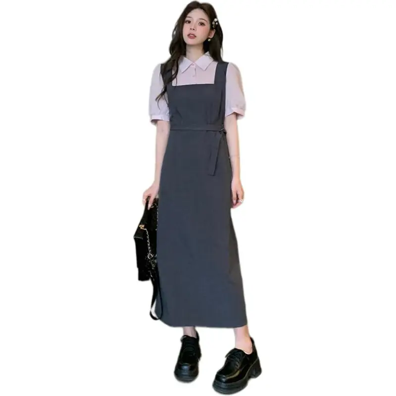 Mu Xiao Xin Short Sleeved Dress Women's Pink & Gray-4