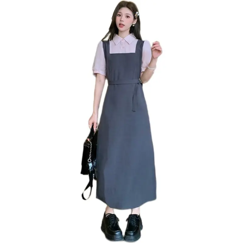 Mu Xiao Xin Short Sleeved Dress Women's Pink & Gray-2