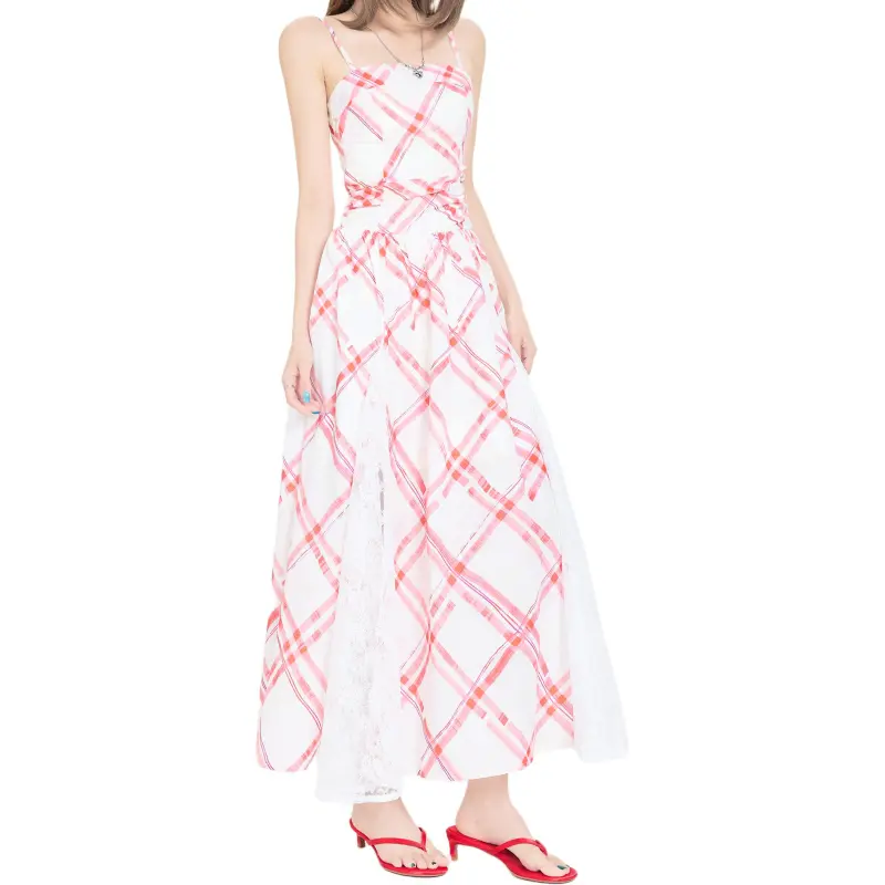 Kazakhstan Slip Dresses Women's Cherry Red Plaid Long Skirt-2