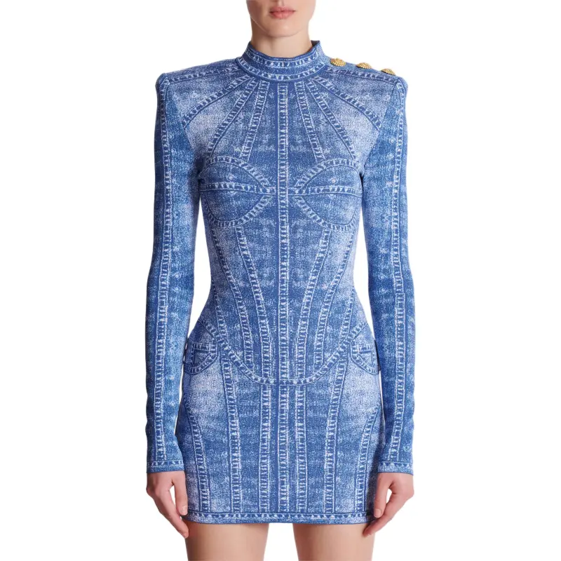 BALMAIN Denim Effect Short Jacquard Knit Dress-4