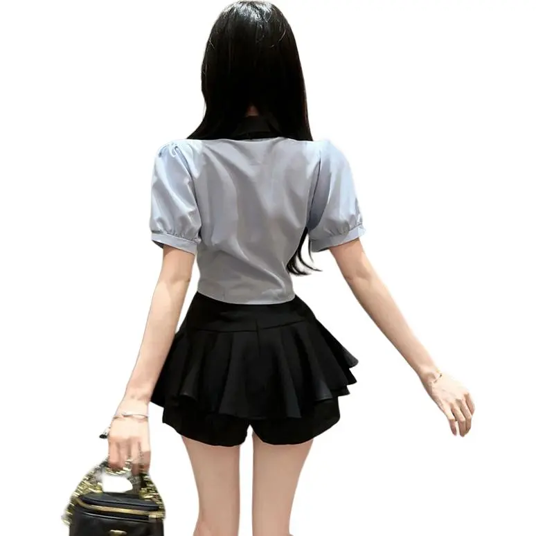 DGMZ Uniforms Women's Blue Top+Black Skirt Bow Tie Set-1