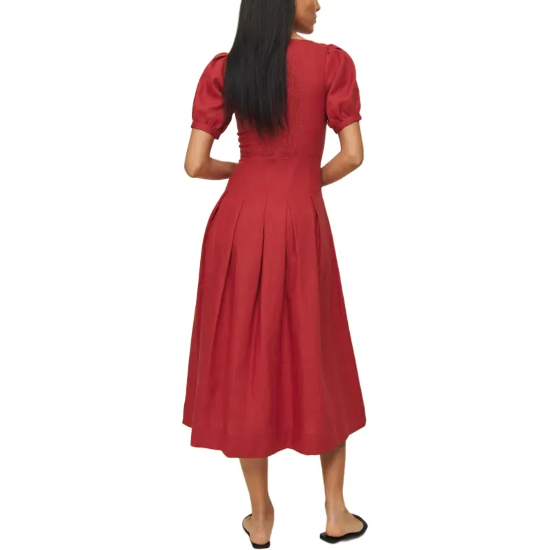 REFORMATION Coucou Linen Dress Short-Sleeved Dresses Women's Tomato Red-1