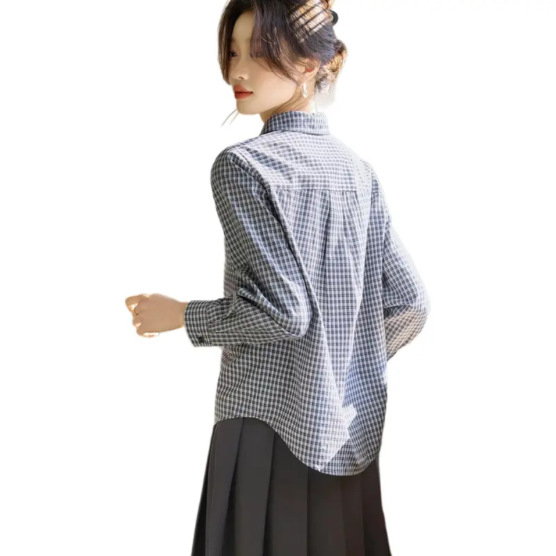 Mo Han Yi Mei Shirt Women's Navy Blue Checkered-2
