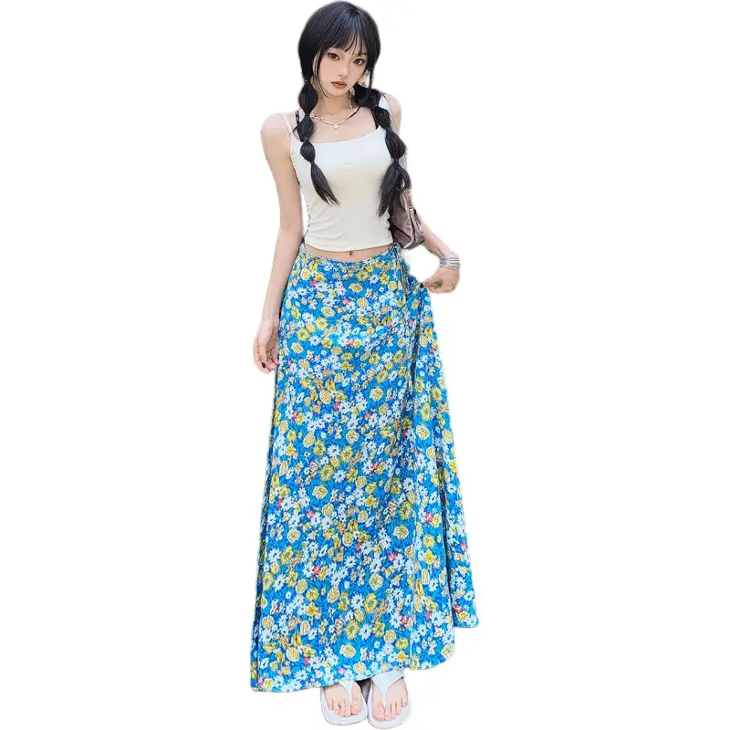 Kazakhstan Casual Long Skirt Women's Blue Floral-5