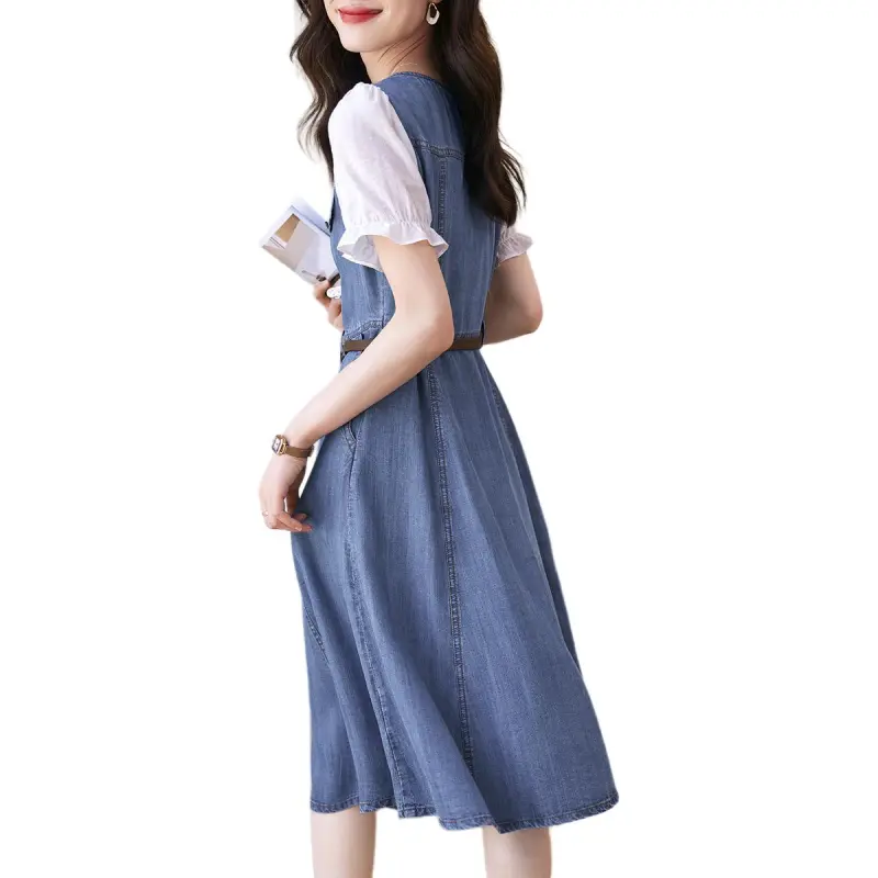 Mo Han Yi Mei Short Sleeved Dress Women's Denim Blue Patchwork-1