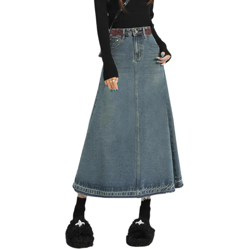 Weixi Denim Long Skirts Women's Vintage Blue-7