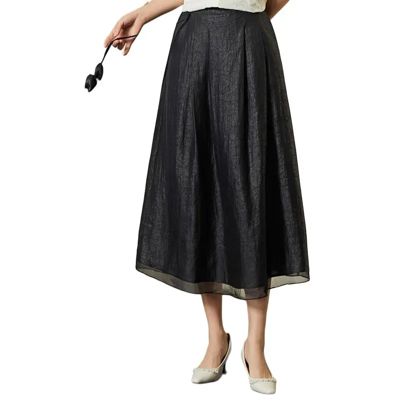 Yi Mengyuan Silk Casual Long Skirt Women's Black-4