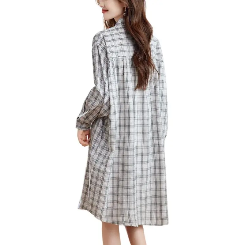 Korean Style Long-Sleeved Dresses Women's Beige Check-2