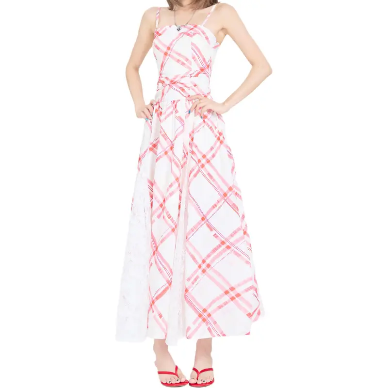 Kazakhstan Slip Dresses Women's Cherry Red Plaid Long Skirt-3