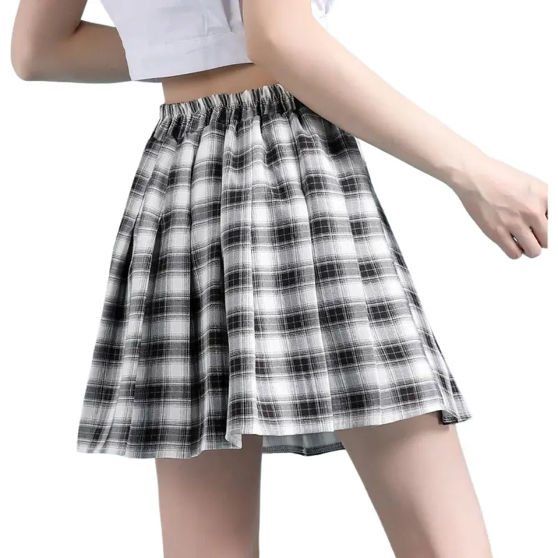 JEANSWEST Casual Short Skirts Women's Black White Plaid-1