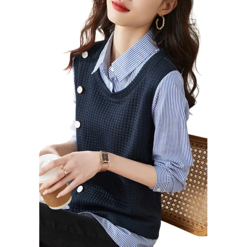 XIANSINIAO Shirt Women's Navy Blue-2