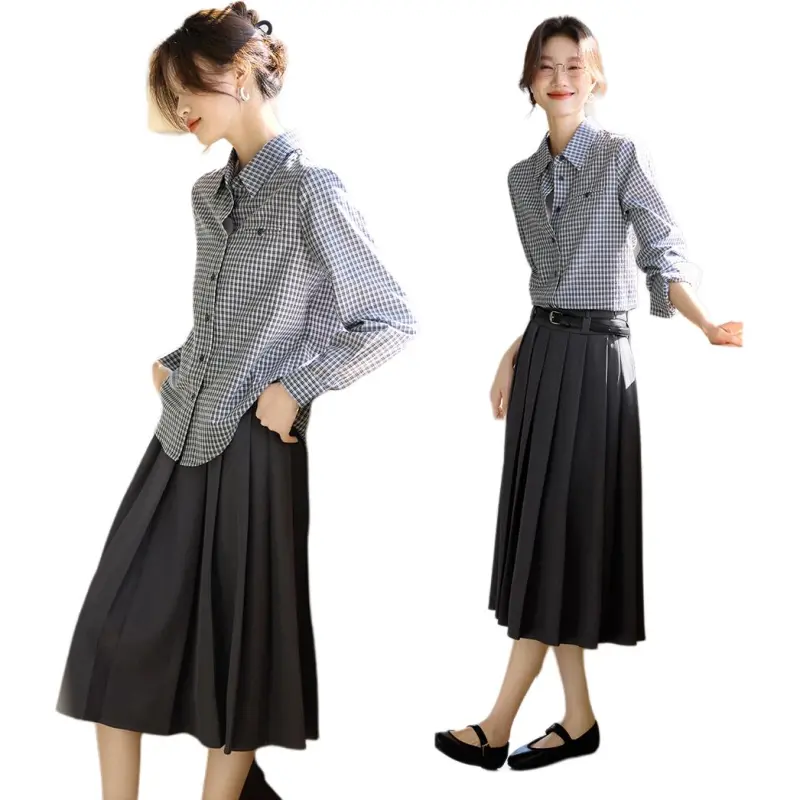 Mo Han Yi Mei Shirt Women's Navy Blue Checkered-3