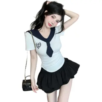 Mu Xiao Xin Skirt Set Women's White Short Sleeved Top/Black Skirt Pants