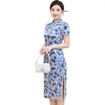 Yi Mengyuan Silk Short Sleeved Dress Women's Blue And White Porcelain