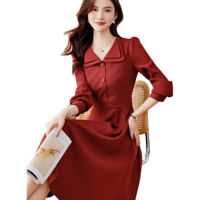 Like The Age Of Water Fall, Winter Long Sleeved Dress Slim Fit Women's Red-0