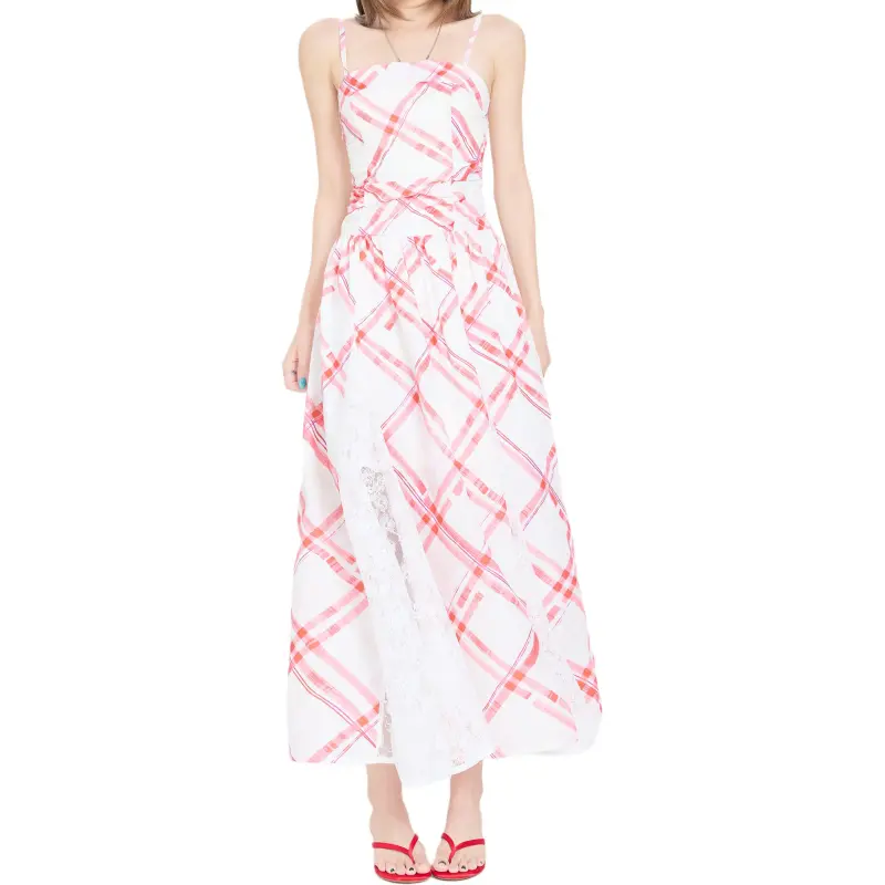 Kazakhstan Slip Dresses Women's Cherry Red Plaid Long Skirt-4