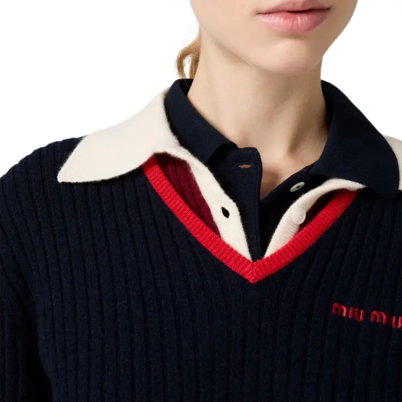 MIU MIU Logo Embroidered V Neck Jumper-3