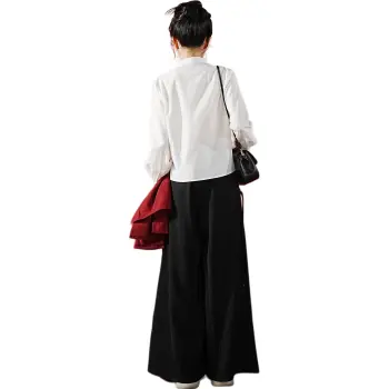 XINGHEHANGE New Chinese Style Crew Neck Long Sleeved Fitted Solid Color Shirt Women's White