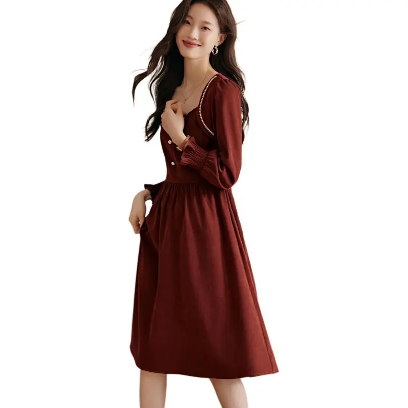 Mo Han Yi Mei Long Sleeved Dresses Women's Burgundy-3