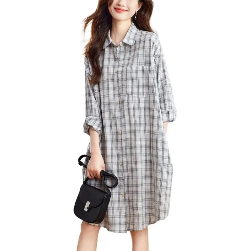 Korean Style Long-Sleeved Dresses Women's Beige Check-1