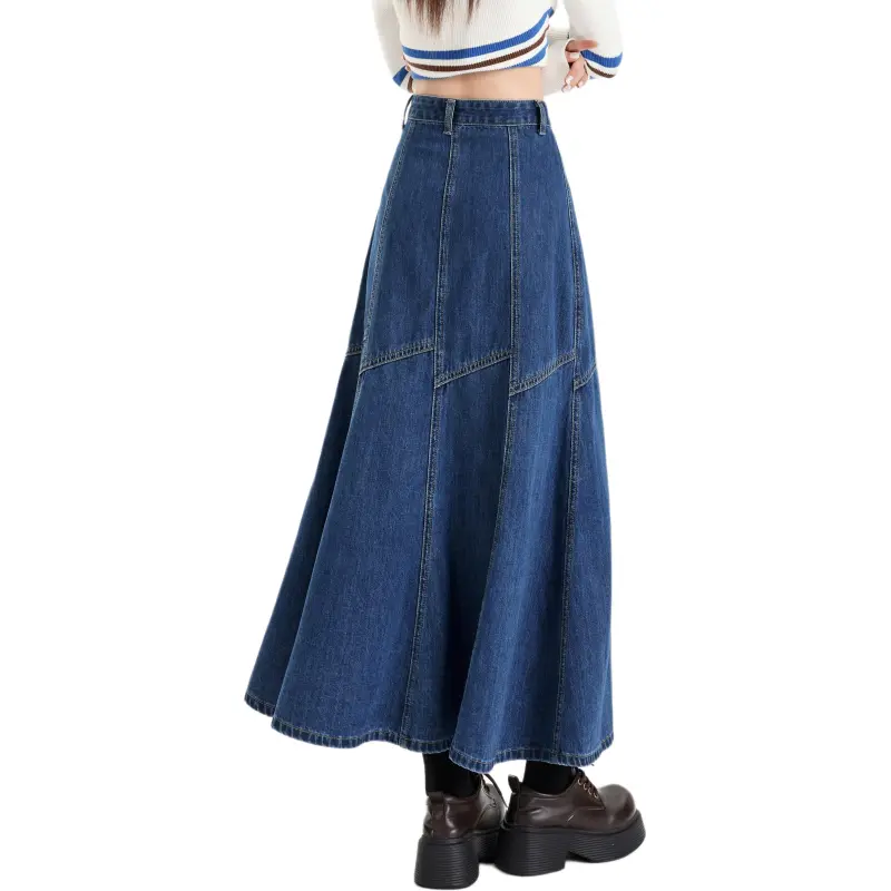Rose Denim Long Skirts Women's Vintage Blue-1