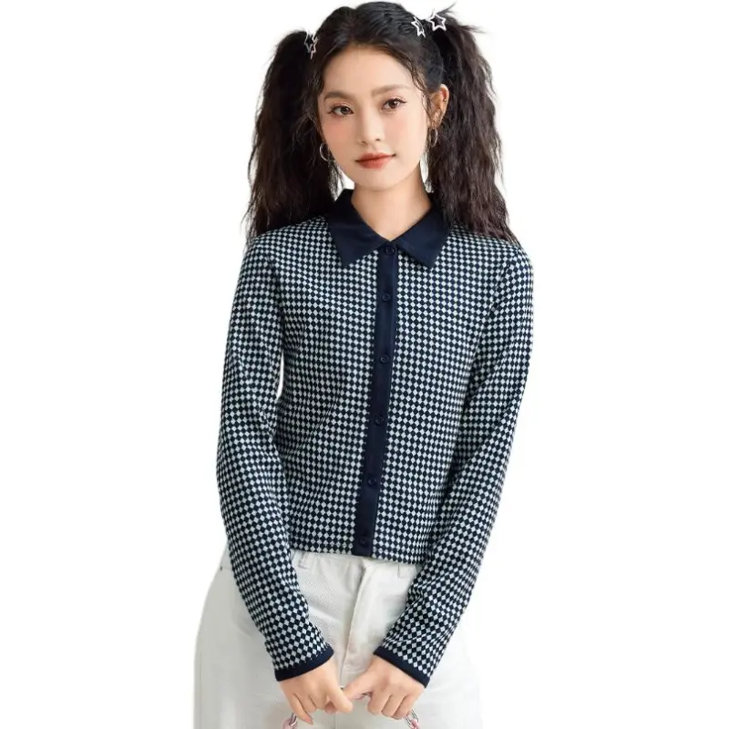 FAWENXIANGZI Knitwear Women's Blue Sapphire Plaid-0