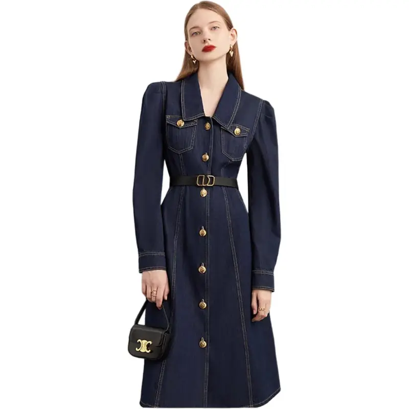 DPLAY Long Sleeved Dress Women's Denim Blue-1
