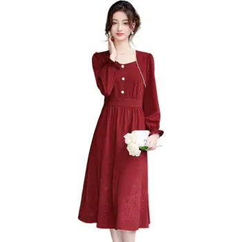 Like The Age Of Water Fall Long Sleeved Dresses Cinched Waist Women's Red