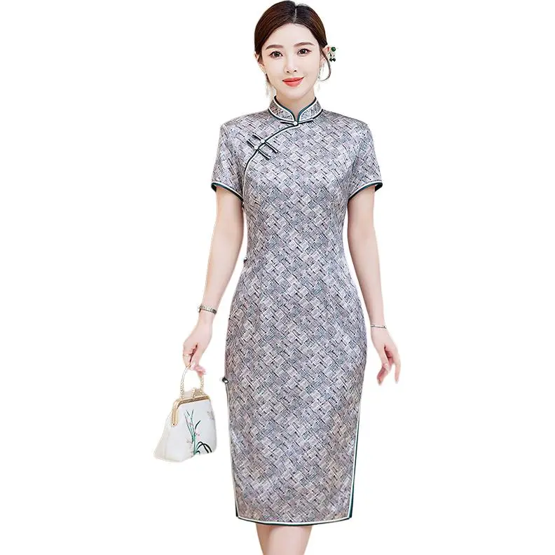Yi Mengyuan Silk Short Sleeved Dress Women's Plaid-0