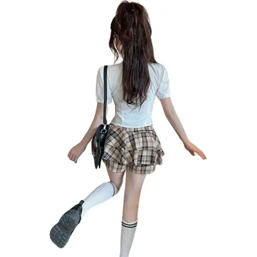 DGMZ Uniforms Women's White Shirt Tie Plaid Skirt Clothing Set