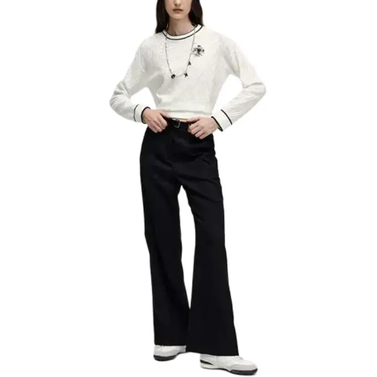 KARL LAGERFELD Solid Color Crew Neck Jacquard Long Sleeved T Shirt Women's White-1