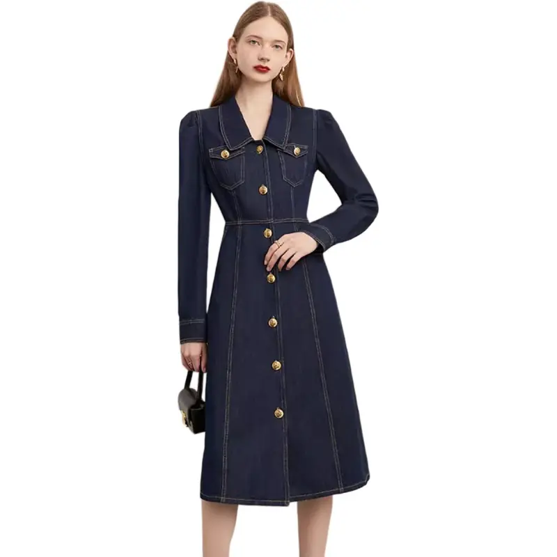 DPLAY Long Sleeved Dress Women's Denim Blue-2