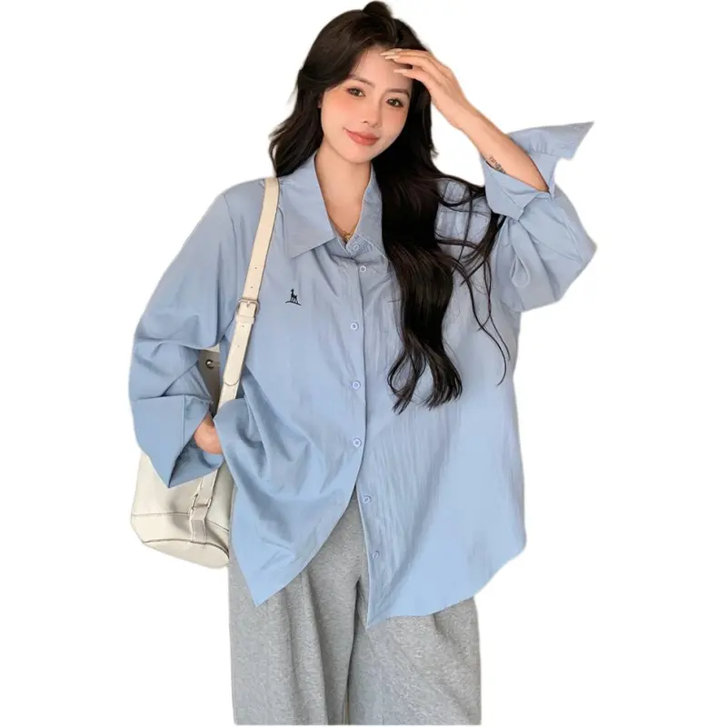 Mu Xiao Xin Shirts Women's Solid Color Blue Deer-3