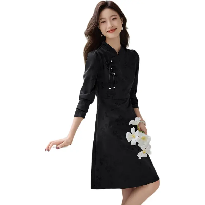 Mo Han Yi Mei Long Sleeved Dresses Women's Black-4